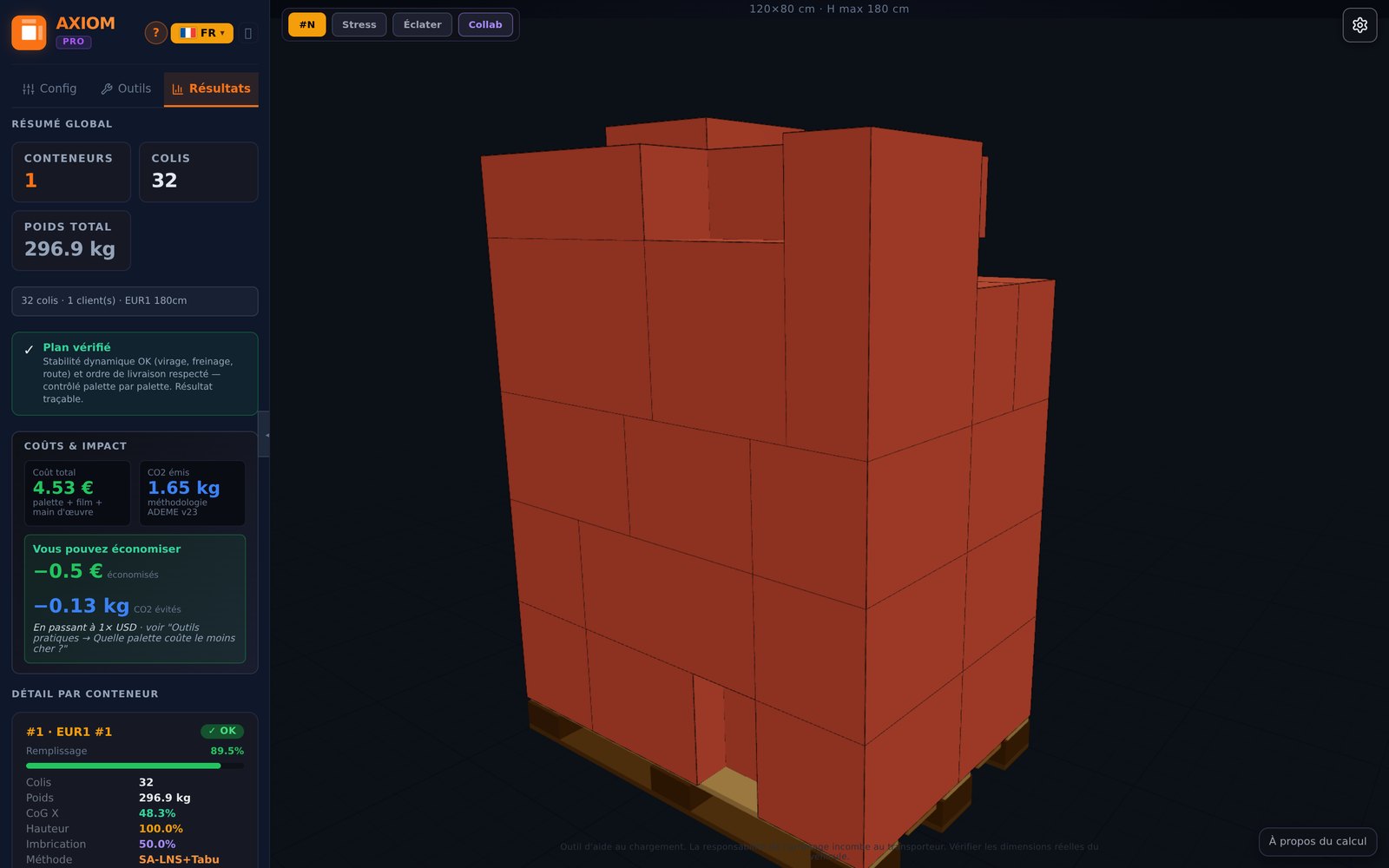 L’application après le calcul d’une palette EUR1 : la palette en 3D et le résumé du plan.