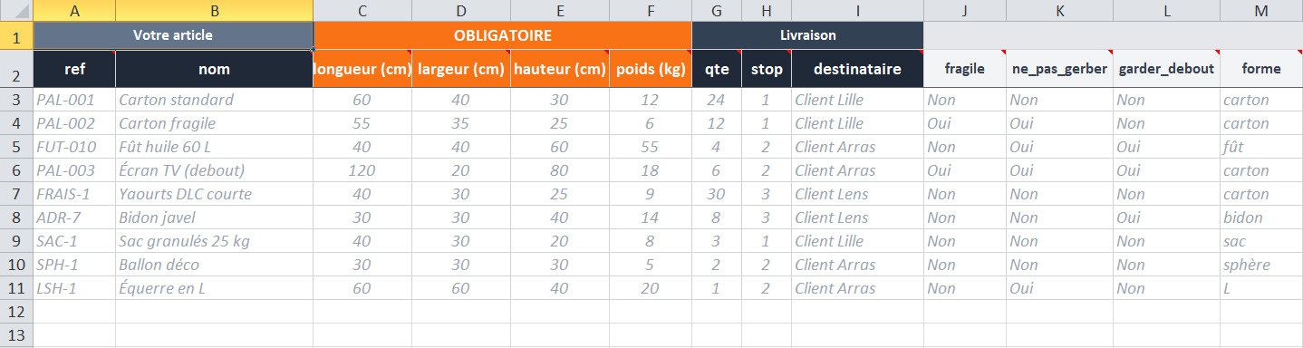 Le modèle ouvert dans Excel : colonnes ref, nom, longueur, largeur, hauteur, poids, qte, stop, destinataire, fragile, ne_pas_gerber, garder_debout, forme, et neuf colis d’exemple sur trois arrêts.